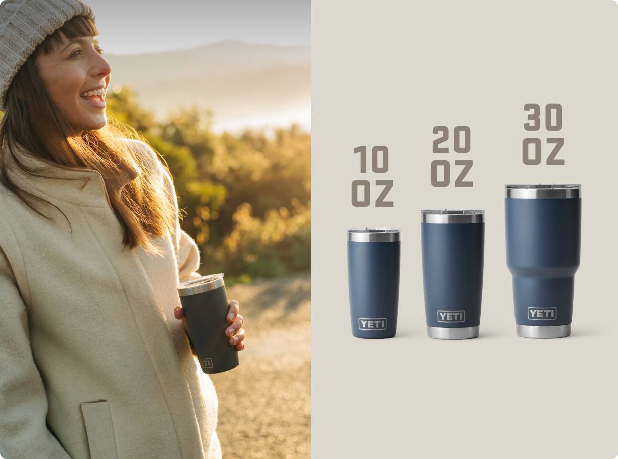 Woman holding a YETI mug outdoors with YETI mug sizes displayed on a white background.