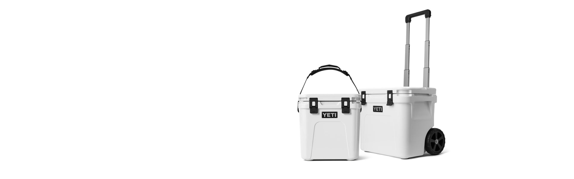 Two white coolers, one  with a retractable handle and wheels on a white background.