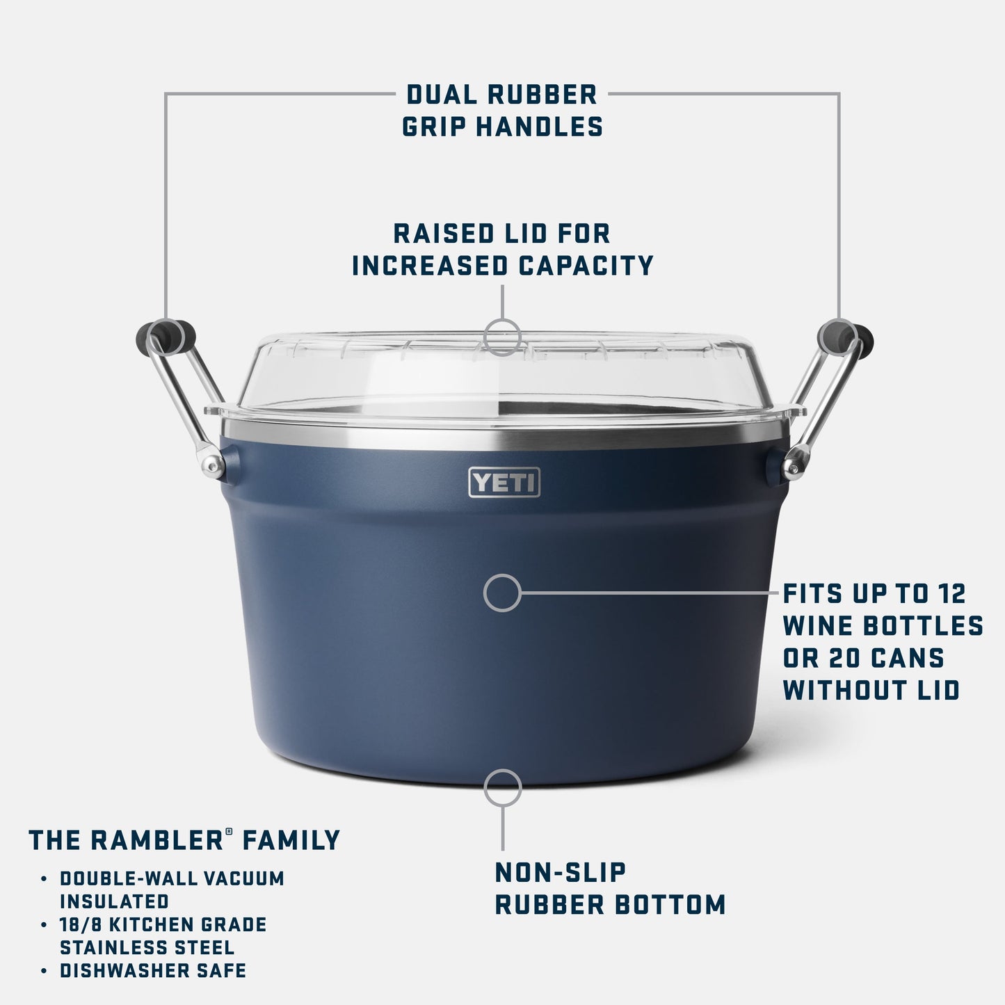 Blue YETI beverage tub with features highlighted on a white background