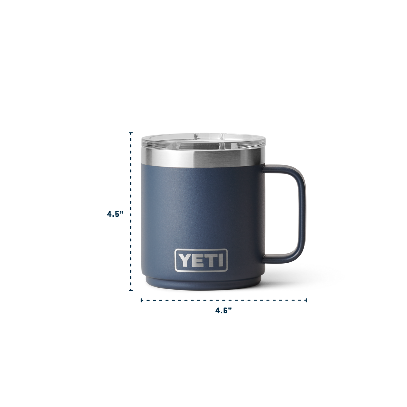 Navy blue YETI mug with dimensions on a white background