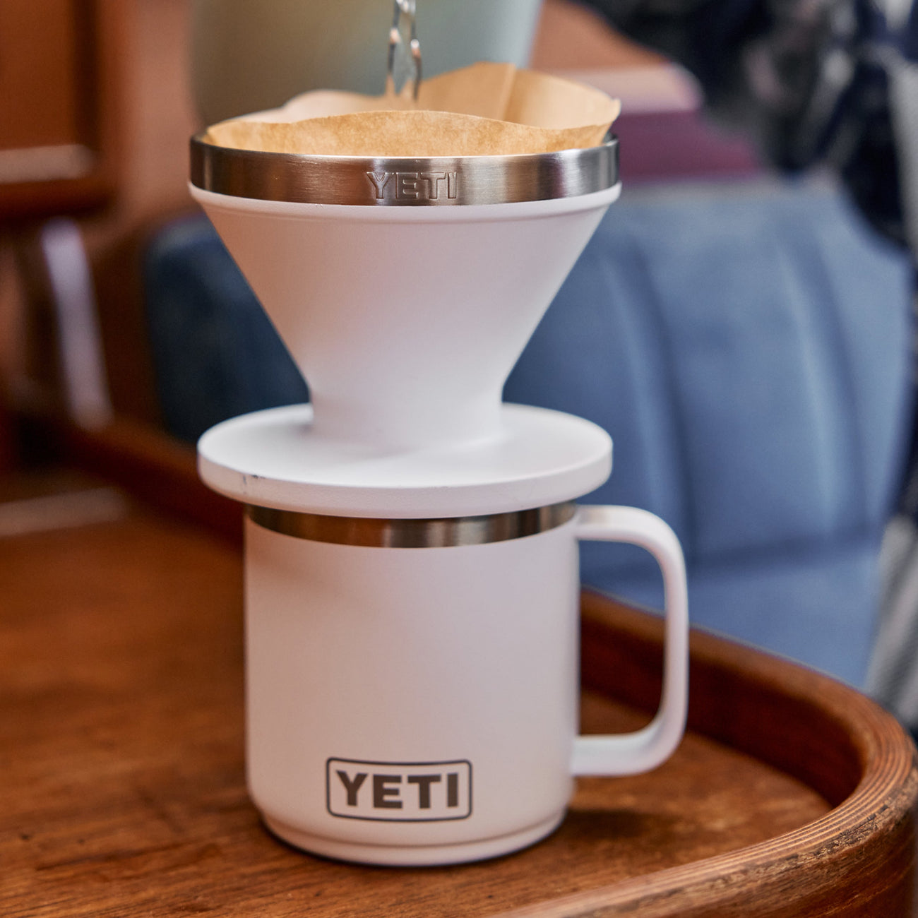 White YETI pour over and mug on a wooden surface