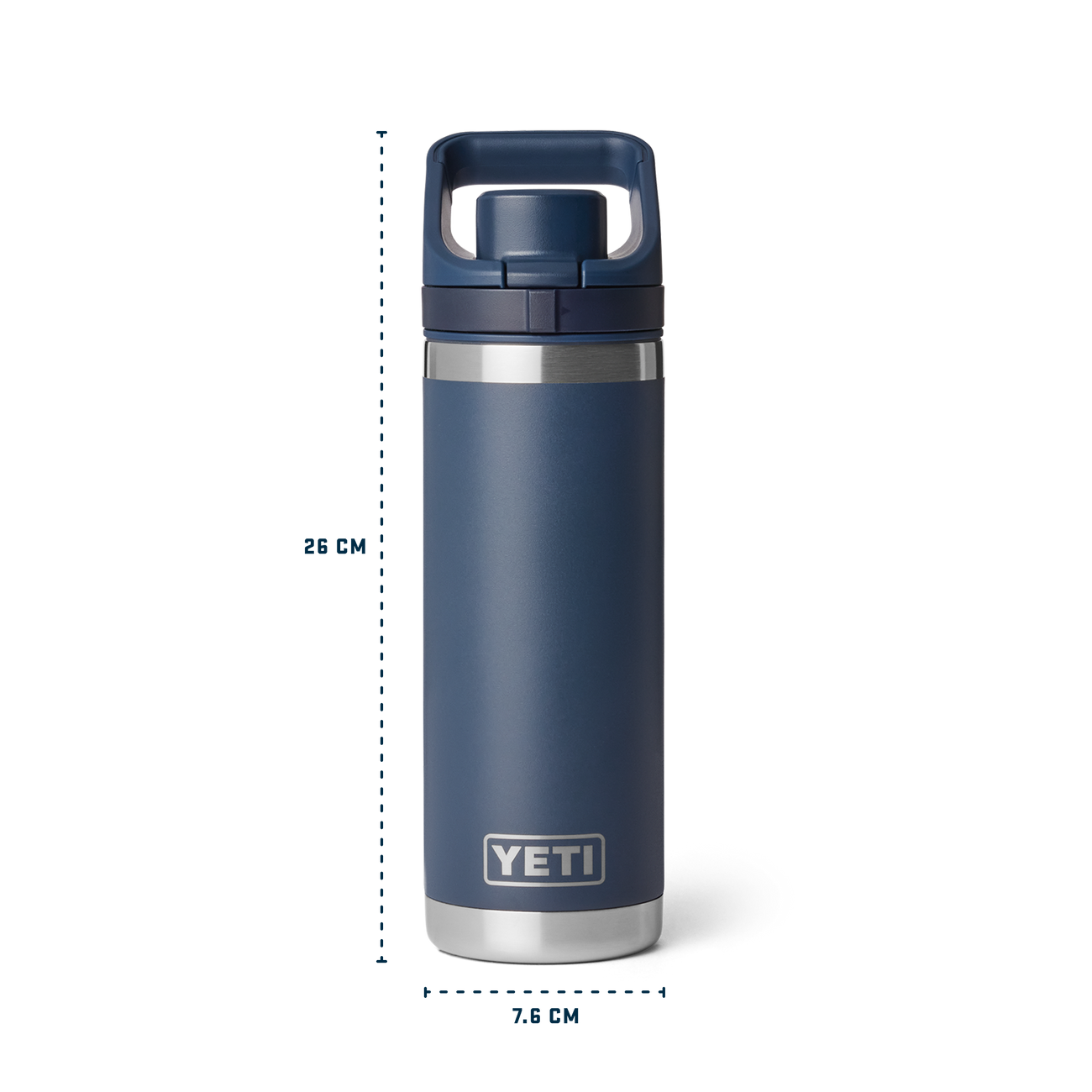 Navy blue YETI bottle with dimensions on a white background