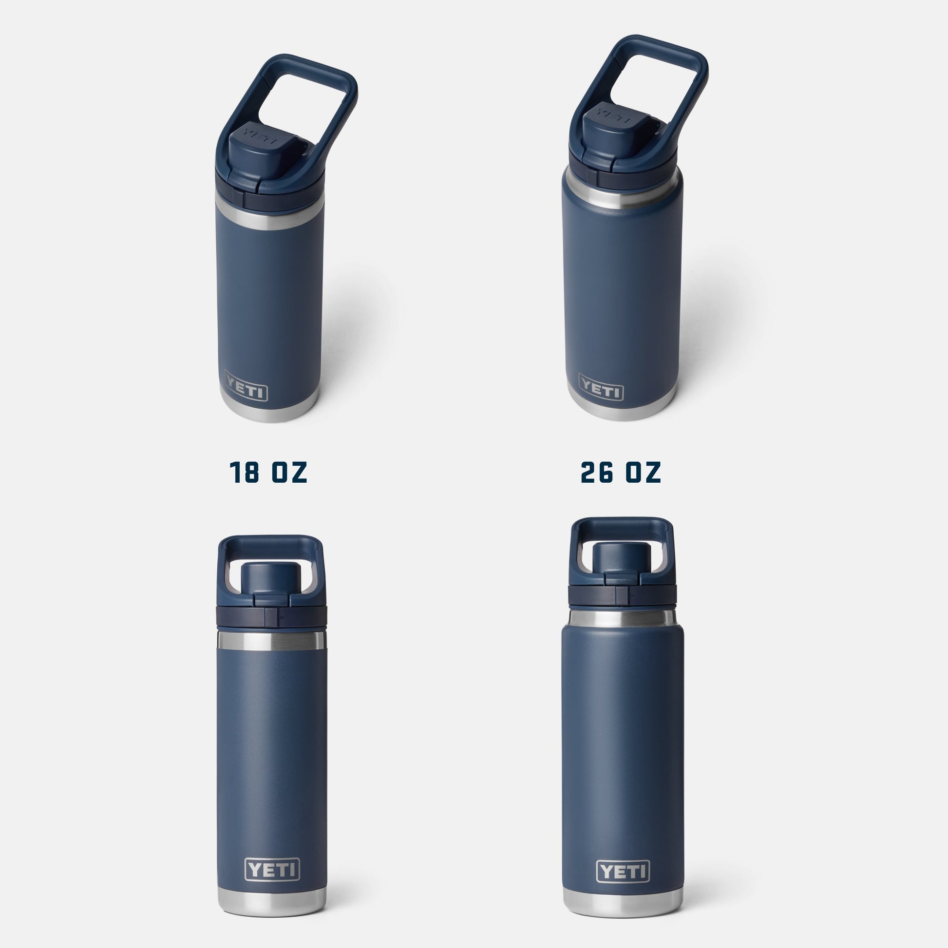 Four YETI water bottles in navy blue with silver bases on a white background.