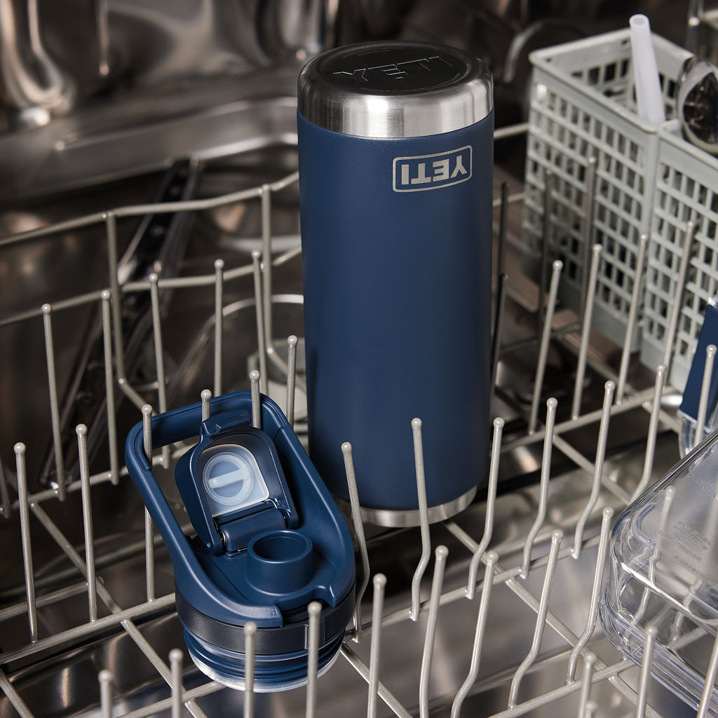 Blue YETI bottle and personal care item in a dishwasher