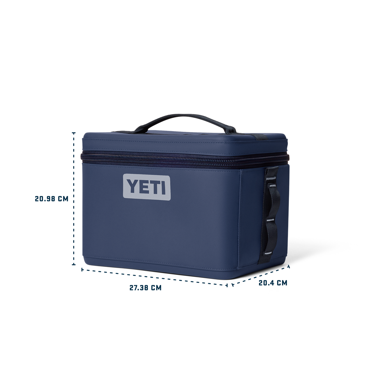 Blue YETI Daytrip insulated box with dimensions on a white background