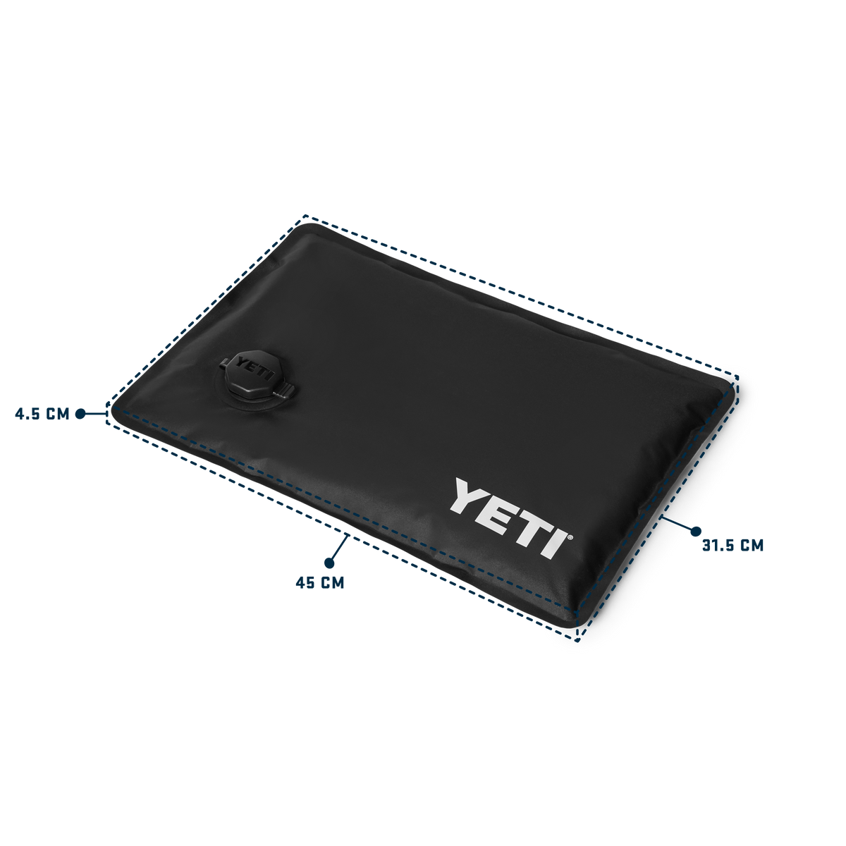 Black YETI insulated bag shown on a white background with dashed measurement lines and dimensions labeled 4.5 cm, 45 cm, and 31.
