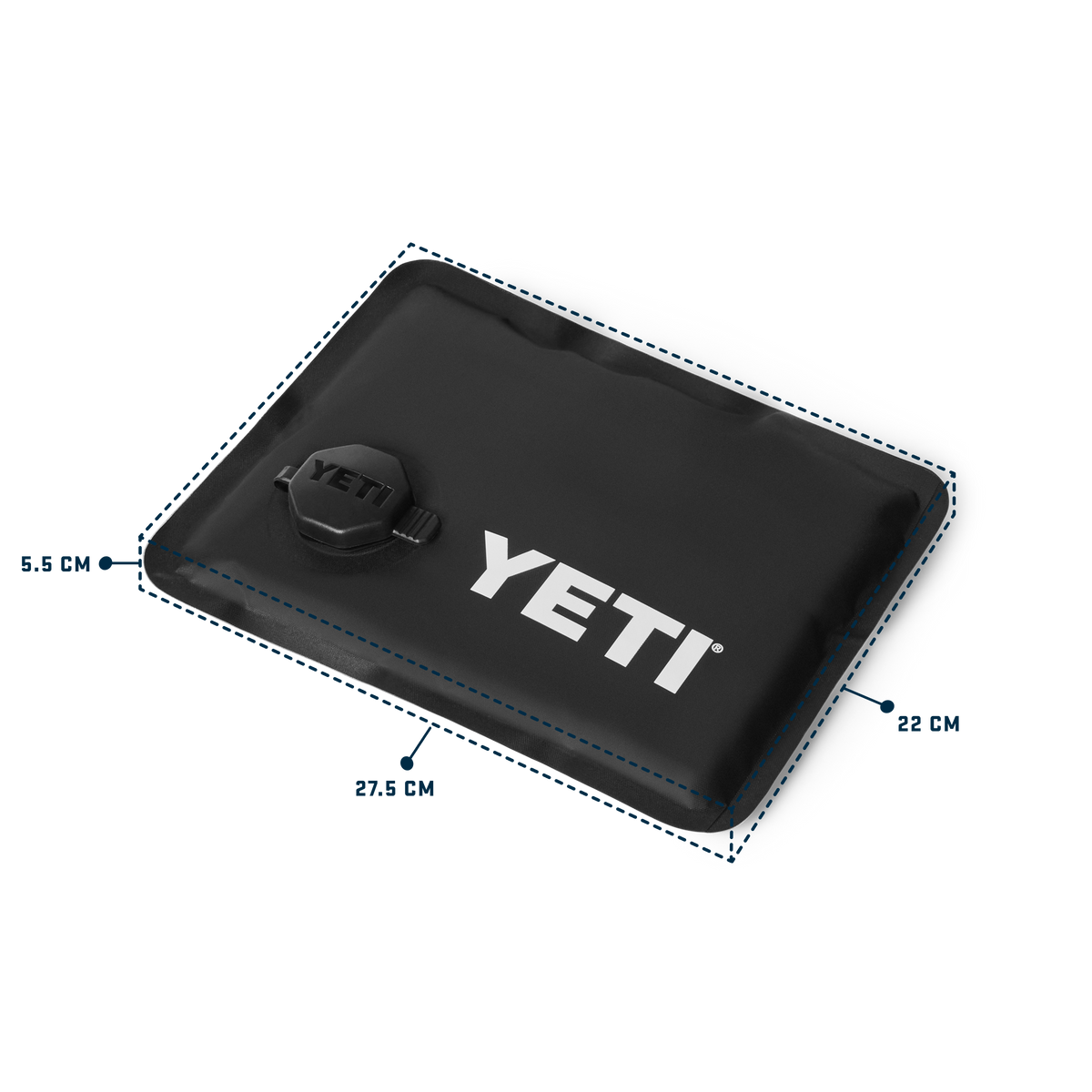 A black YETI water bladder with white YETI branding on the front, shown with dimension callouts indicating 27.5 cm by 22 cm by 5.