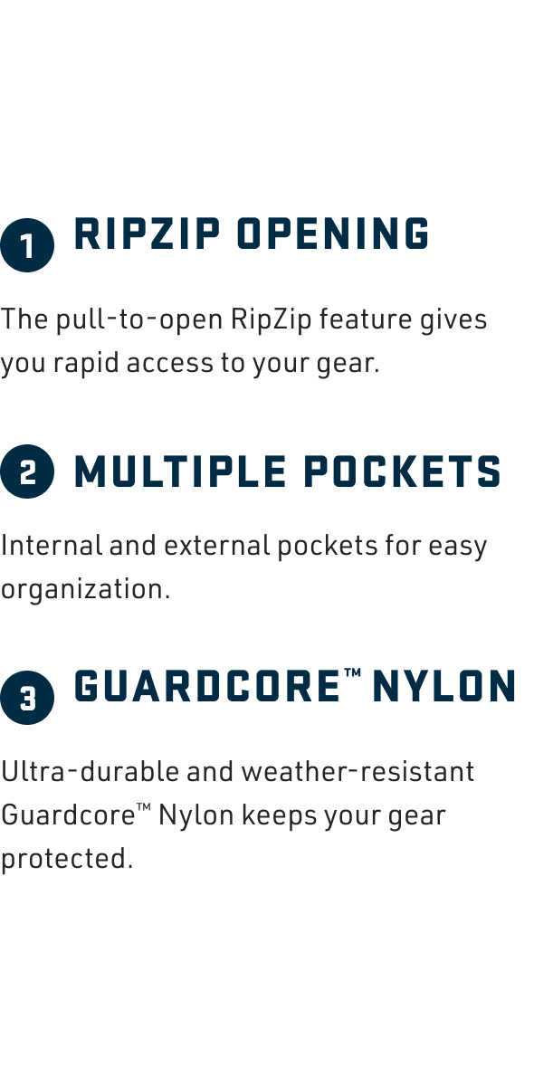 Text description of features including RipZip opening, multiple pockets, and Guardcore Nylon on a white background.