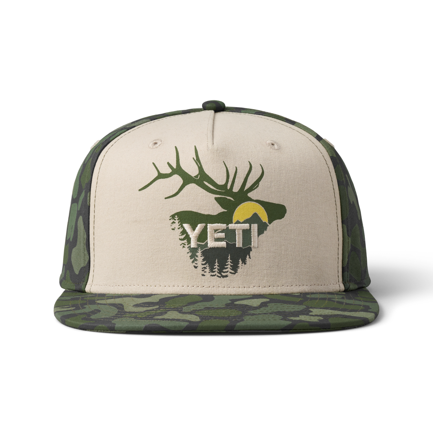 YETI Sunrise Elk Flat Brim Hat Tan Tan/Green Camo