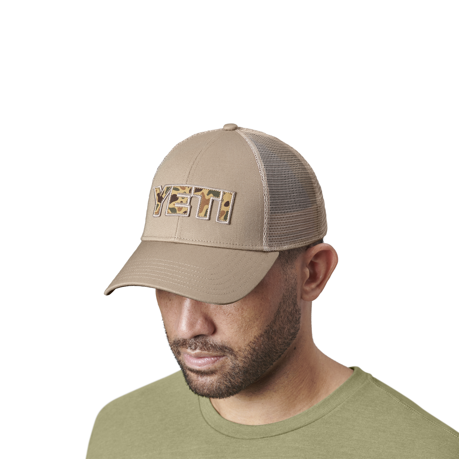 YETI Camo Logo Badge Trucker Hat Khaki